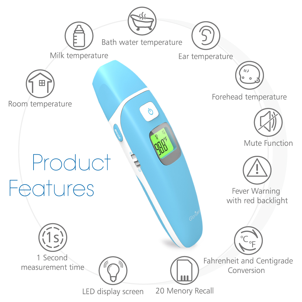 Gloridea Ear and Forehead Thermometer Medical Baby Thermometer, Professional Precision Infrared Digital Thermometer, 1 Second Measurement Time Memory Recall and Fever Warning,Blue